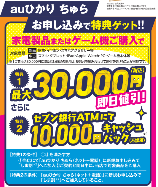 GEOとauひかりちゅらの最大30,000円の値引き＋10,000円キャッシュバック